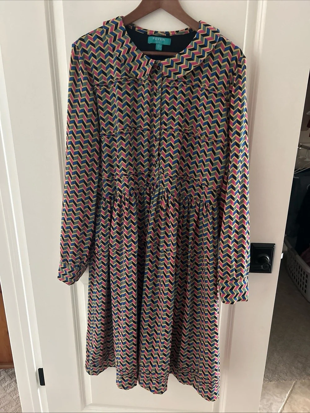 Fever London Heritage Dress Sz 14 Multicolor Button Front Peter Pan Collar Retro
